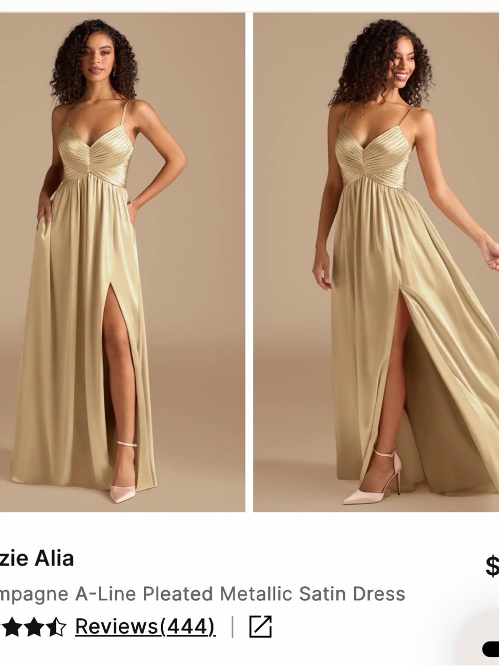 Azazie Champagne Metallic Satin A-Line Bridesmaid Dress Sz 6